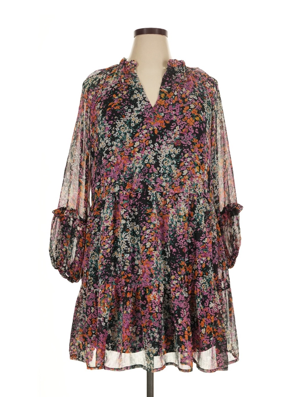 NWOT Floral Tiered Long-Sleeve Mini Dress - Black Multi